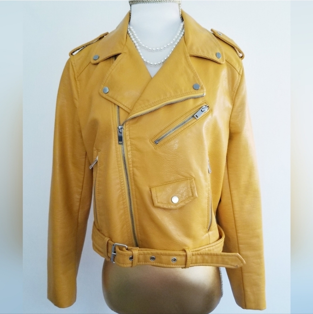 Zara Yellow Faux Leather Moto Jacket Zara Basic Outerwear Department Retro Style